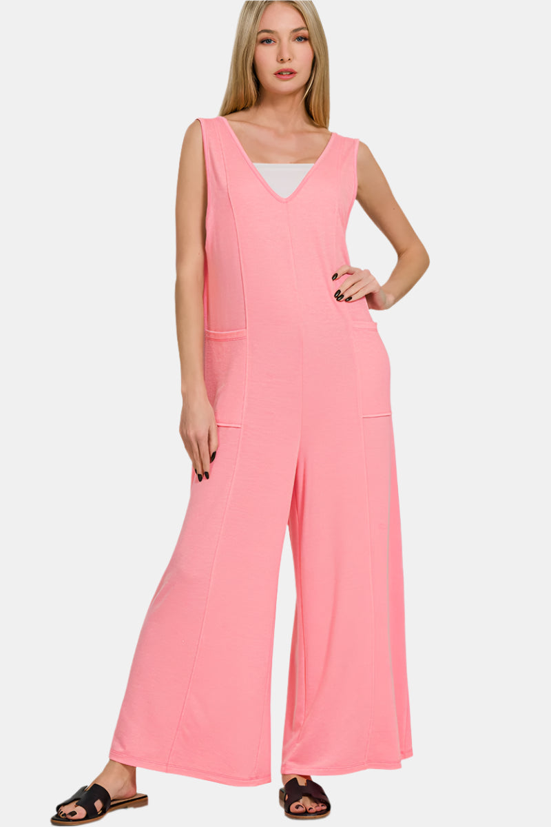 French Terry Deep V-Neck Jumpsuit / DK PINK