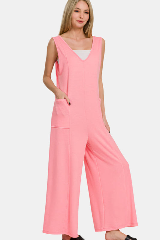 French Terry Deep V-Neck Jumpsuit / DK PINK