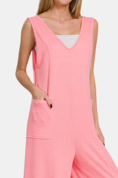 French Terry Deep V-Neck Jumpsuit / DK PINK