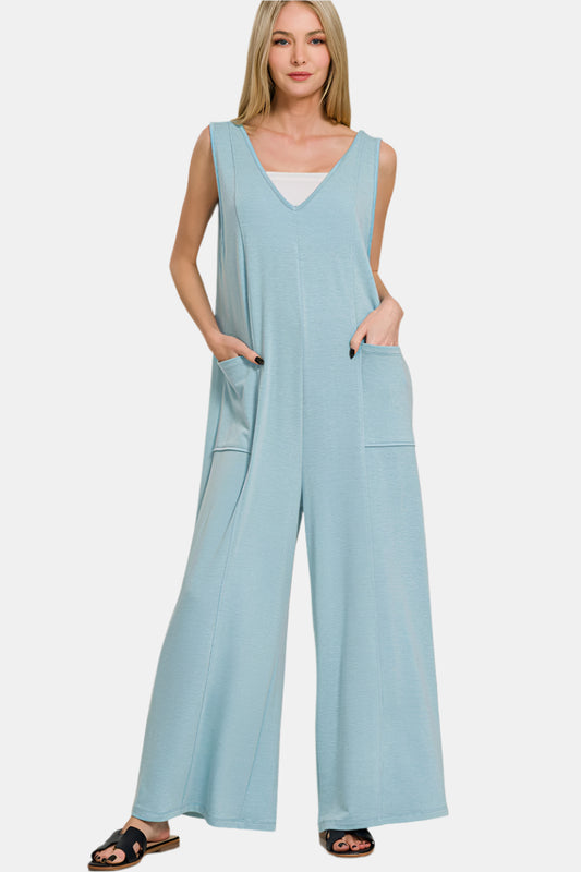 French Terry Deep V-Neck Jumpsuit / DUSTY TEAL