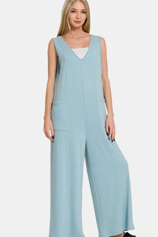 French Terry Deep V-Neck Jumpsuit / DUSTY TEAL