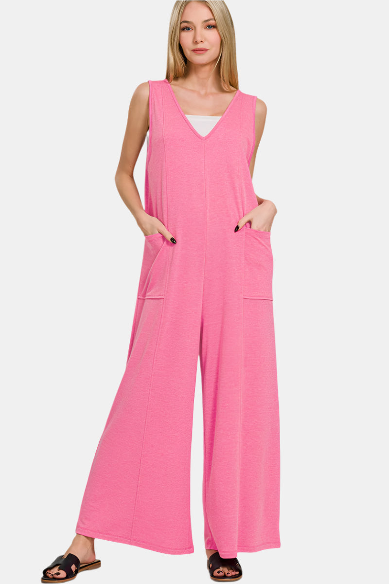 French Terry Deep V-Neck Jumpsuit / FUCHSIA