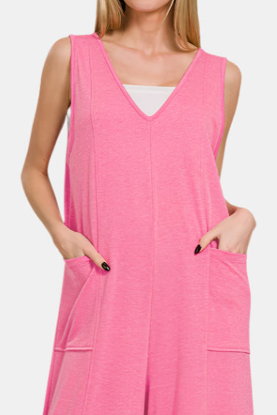 French Terry Deep V-Neck Jumpsuit / FUCHSIA