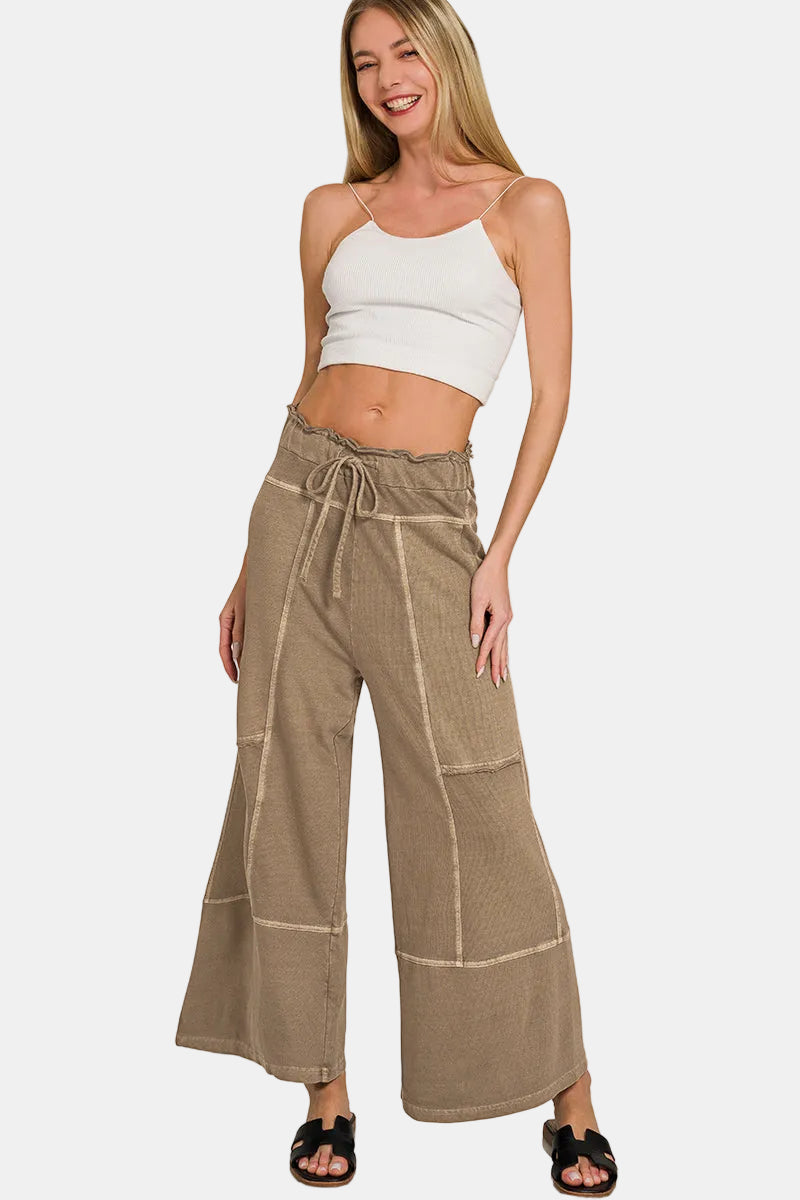 French Terry Washed Exposed-Seam Wide Leg Pants / RUST