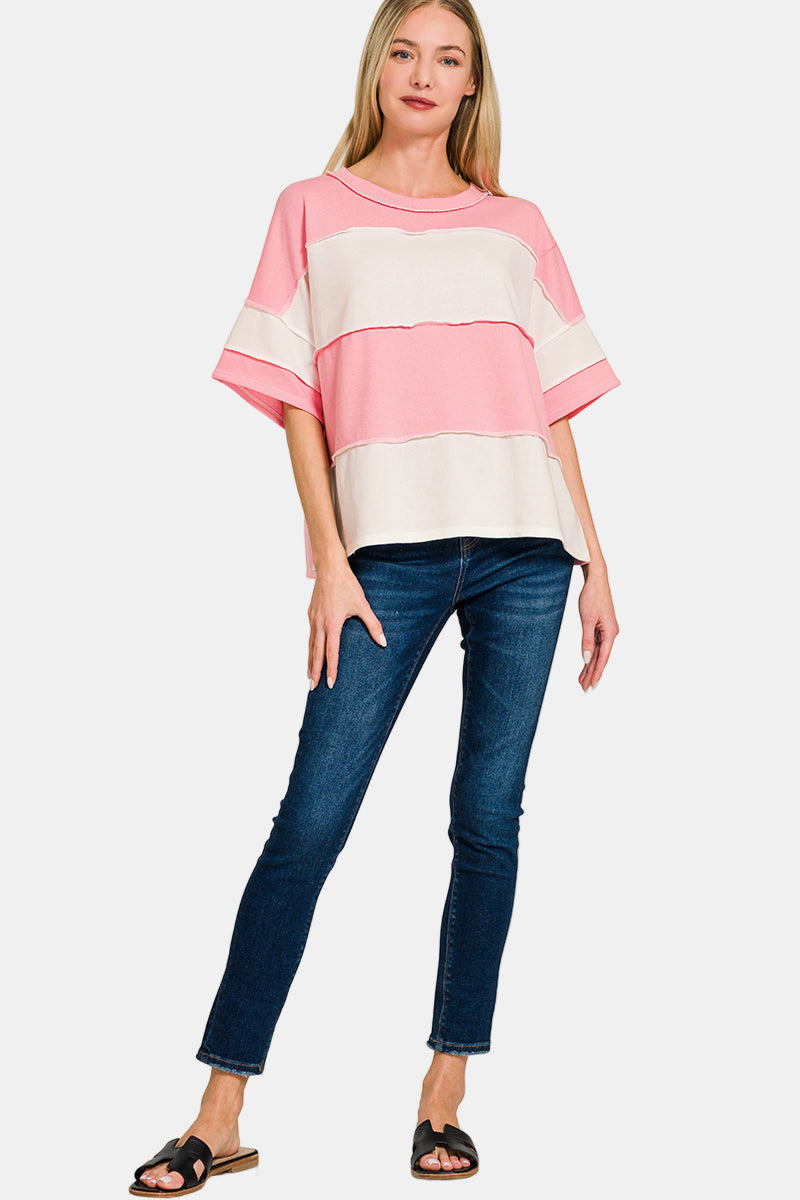 French Terry Color Block Exposed Seam Top / TURQUOISE