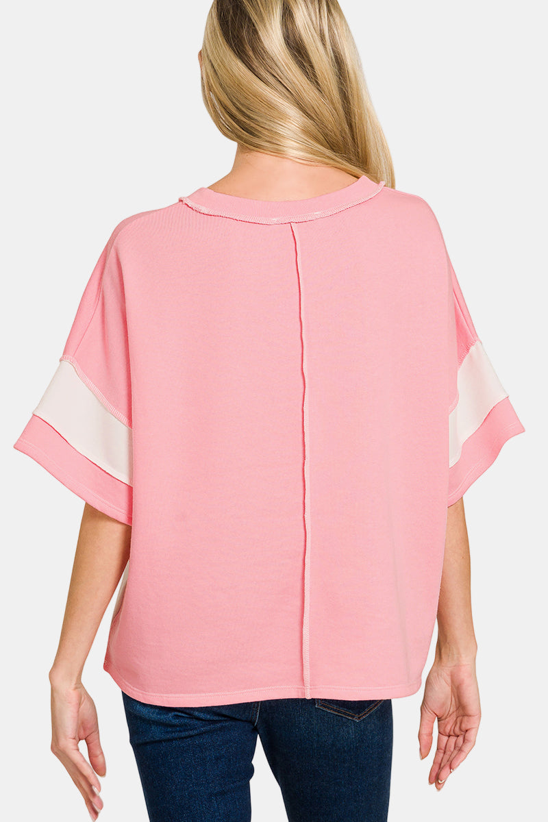 French Terry Color Block Exposed Seam Top / TURQUOISE