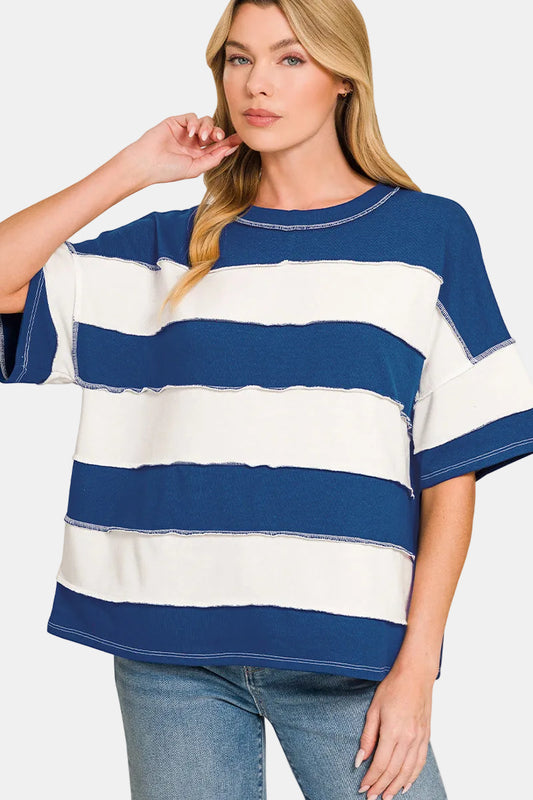 French Terry Striped Exposed Seam Top / NAVY