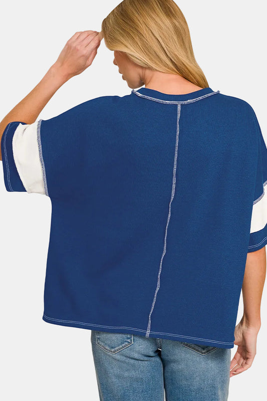 French Terry Striped Exposed Seam Top / NAVY
