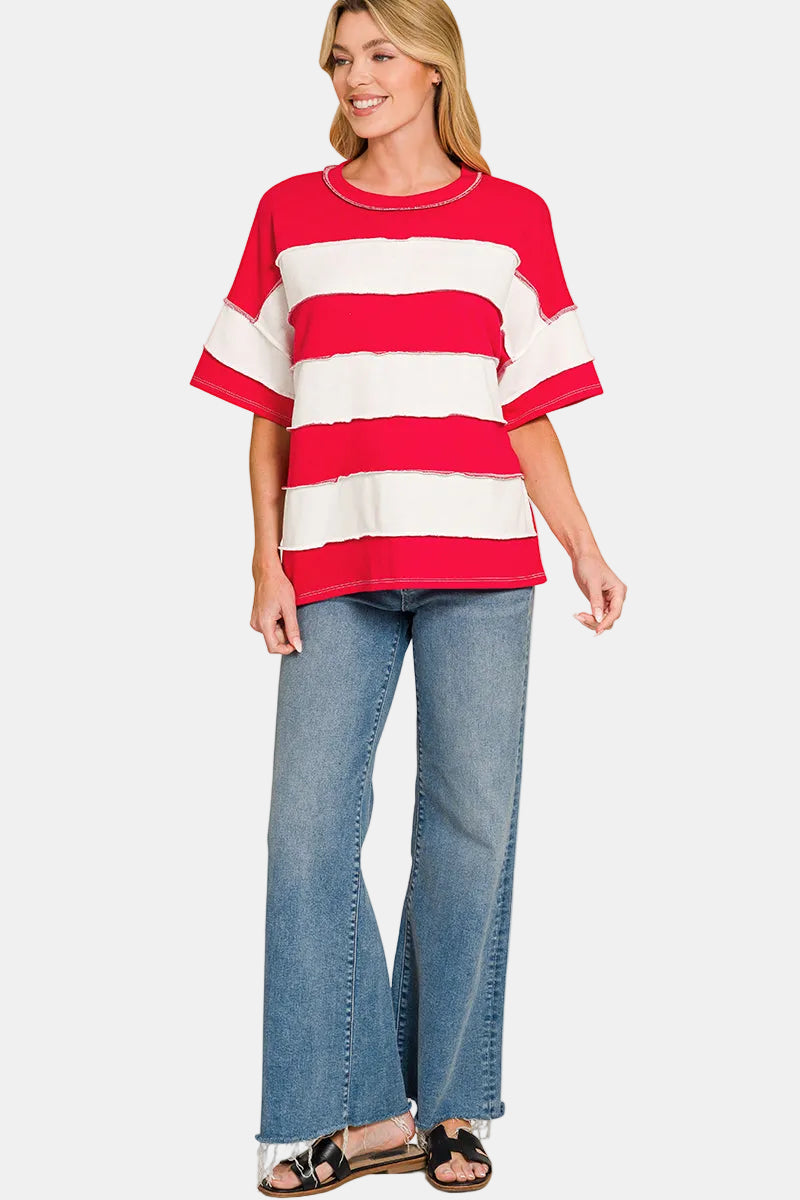 French Terry Striped Exposed Seam Top / NAVY