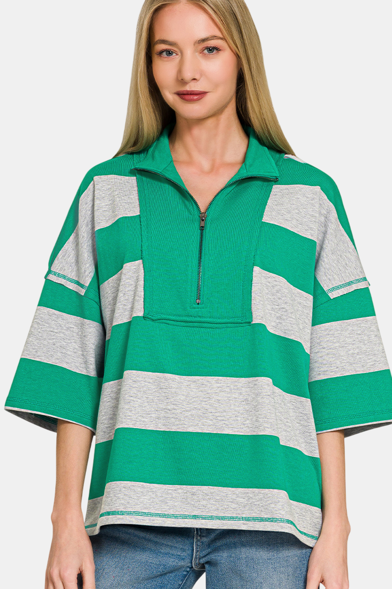 French Terry Striped Half Zip Top & Shorts Set / K GREEN