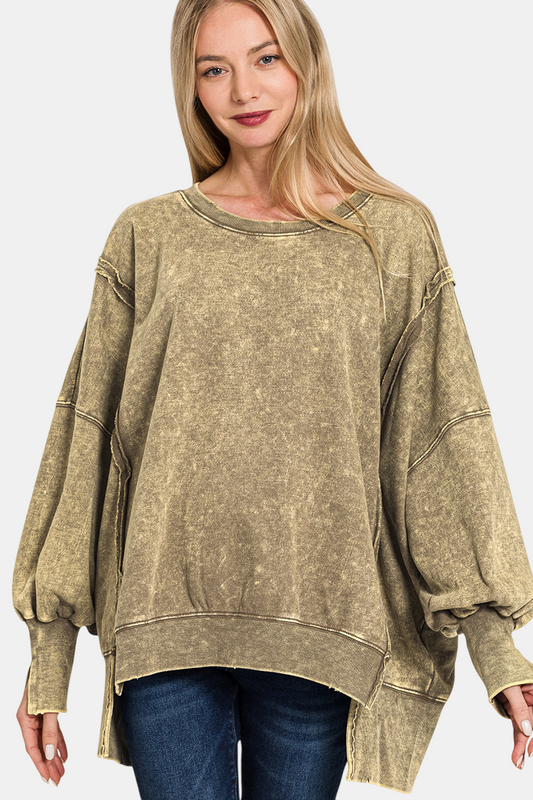 Acid Wash F/Terry Exposed-Seam Sweatshirt / MOCHA