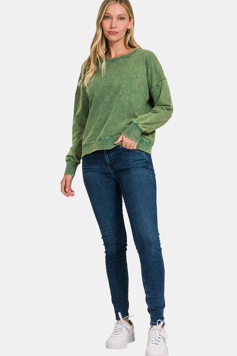 French Terry Acid Wash Boat Neck Pullover / ASH BLACK