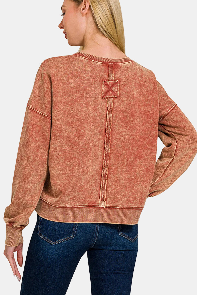 French Terry Acid Wash Boat Neck Pullover / ASH BLACK