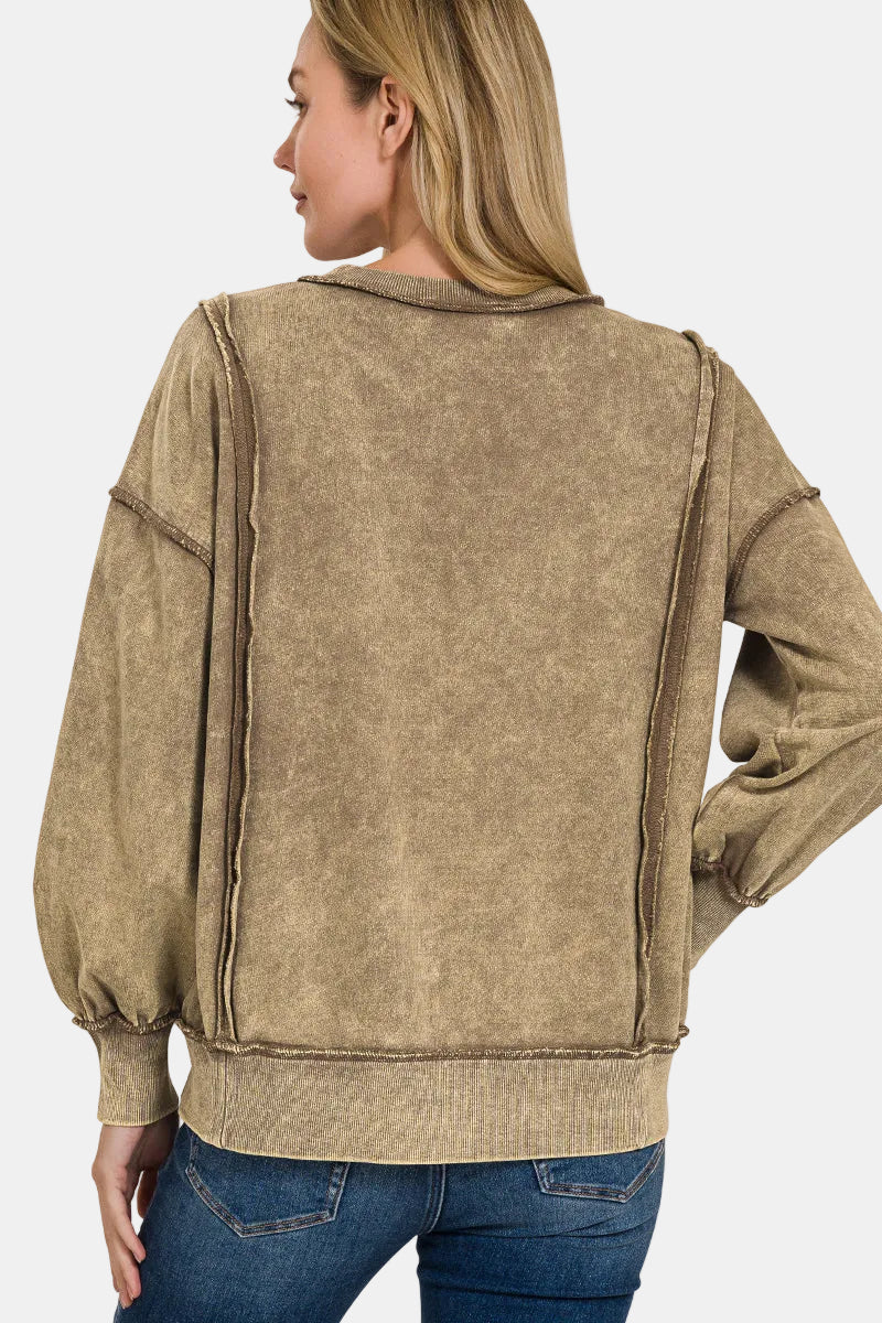 Acid Wash French Terry Exposed-Seam Sweatshirt / CAMEL