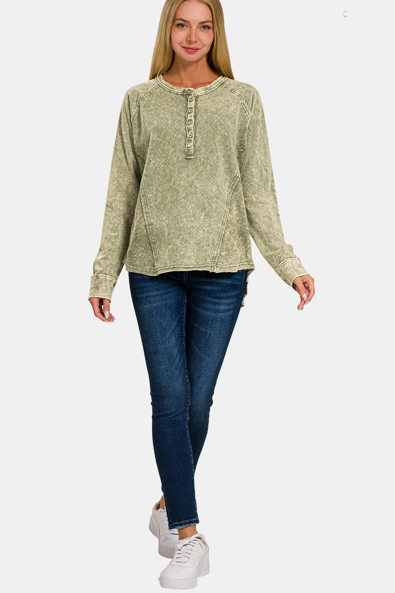 Washed F/Terry Button Henley Raglan Top / OCEAN BLUE