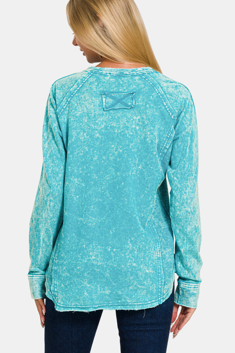 Washed F/Terry Button Henley Raglan Top / OCEAN BLUE