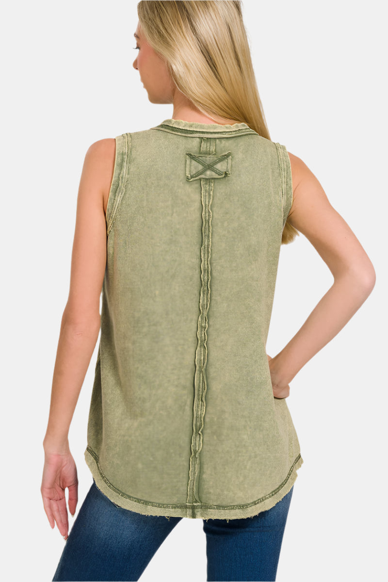 Washed Half-Button Raw Edge Sleeveless Henley Top / TURQUOISE
