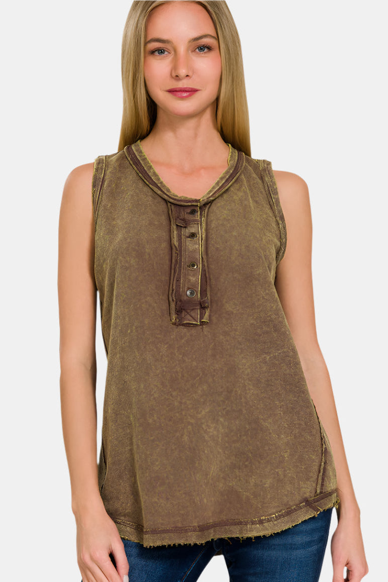 Washed Half-Button Raw Edge Sleeveless Henley Top / MAHOGANY – Z ...