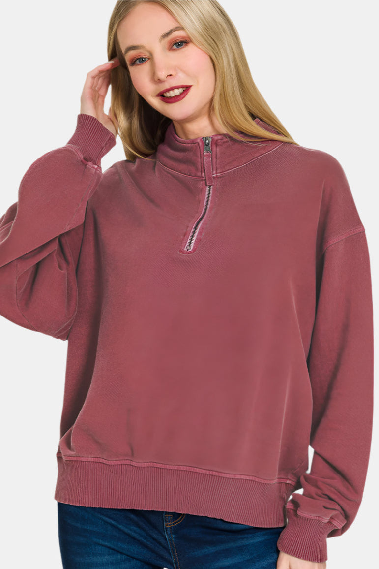 F/Terry Pigment Dye & Enzyme Washed Half Zip Top / CABERNET