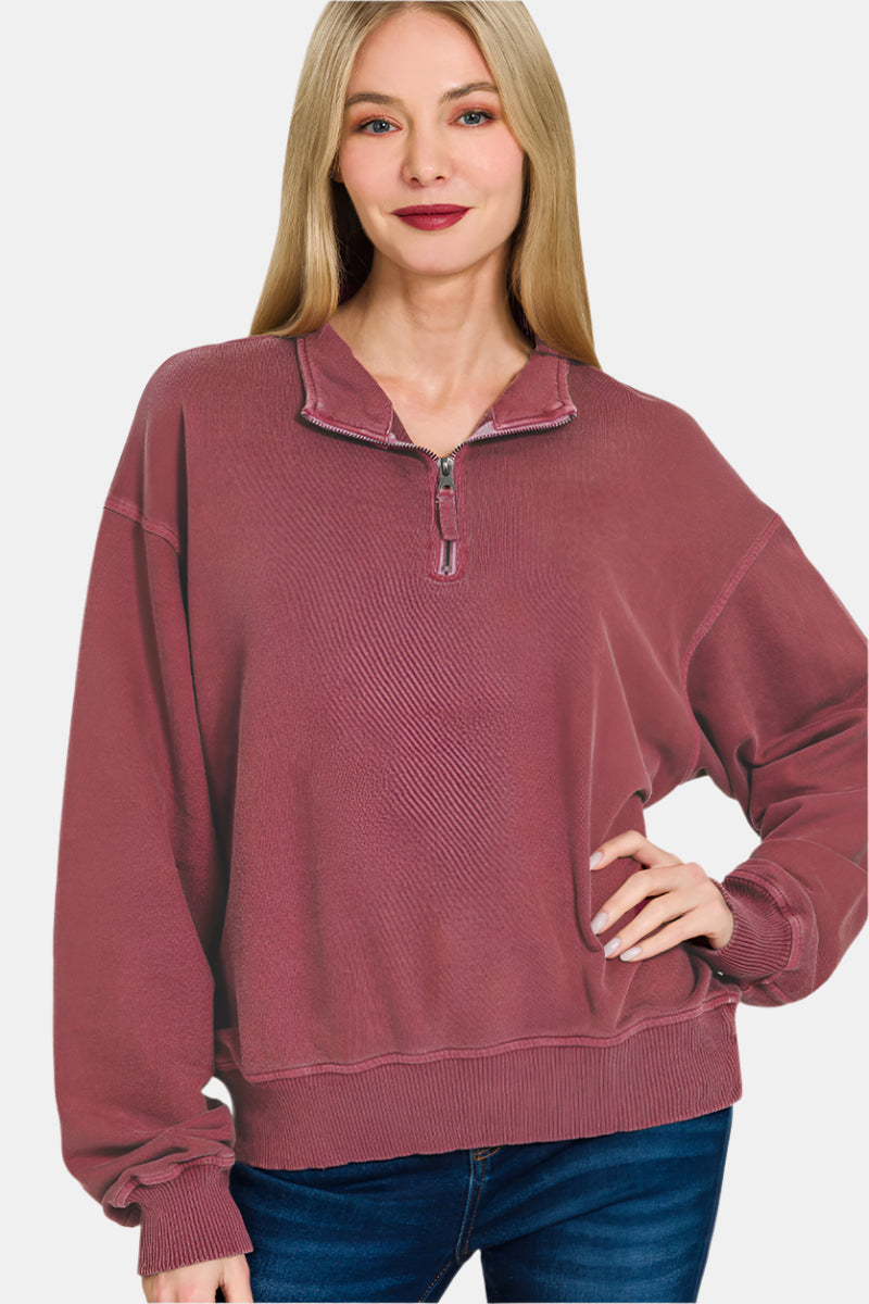 F/Terry Pigment Dye & Enzyme Washed Half Zip Top / CABERNET