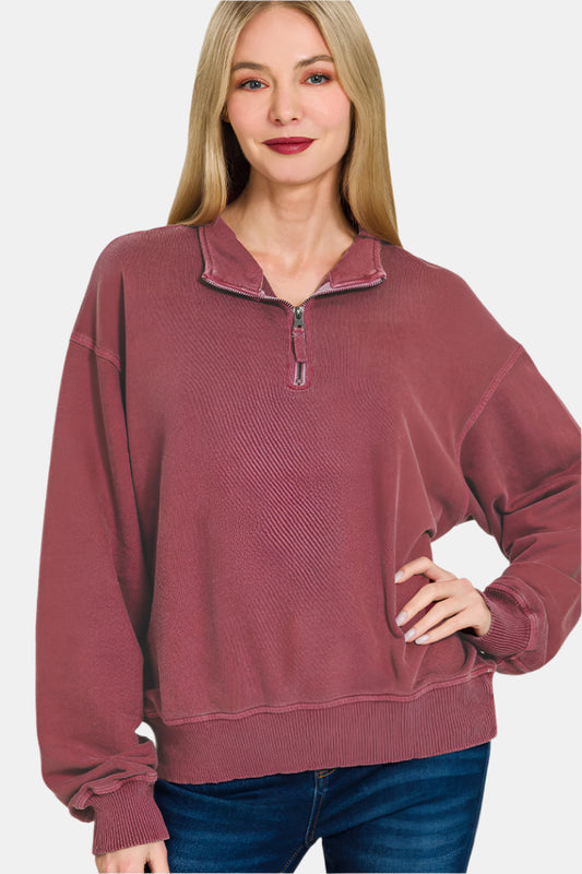 F/Terry Pigment Dye & Enzyme Washed Half Zip Top / CABERNET
