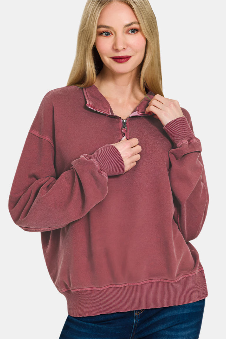 F/Terry Pigment Dye & Enzyme Washed Half Zip Top / CABERNET
