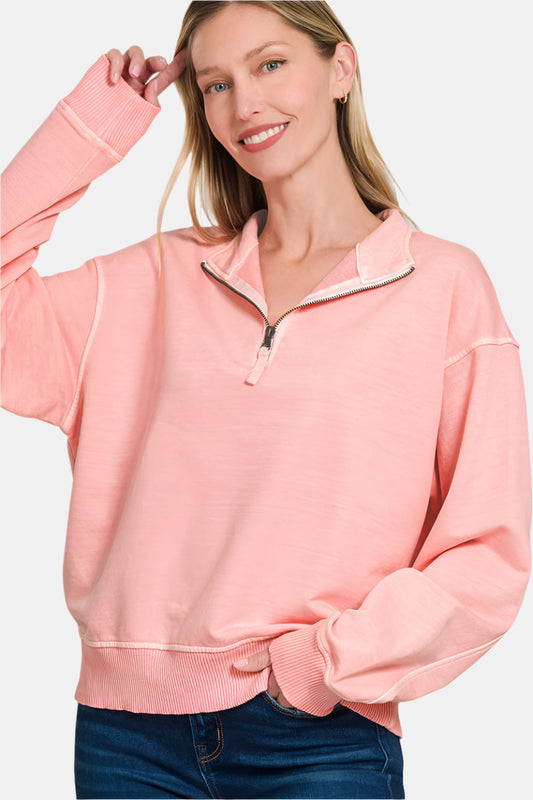 F/Terry Pigment Dye & Enzyme Washed Half Zip Top / DK PINK