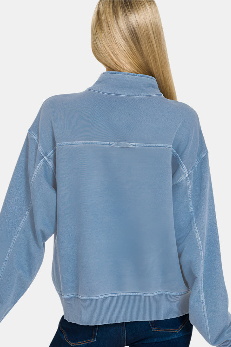 F/Terry Pigment Dye & Enzyme Washed Half Zip Top / DK PINK