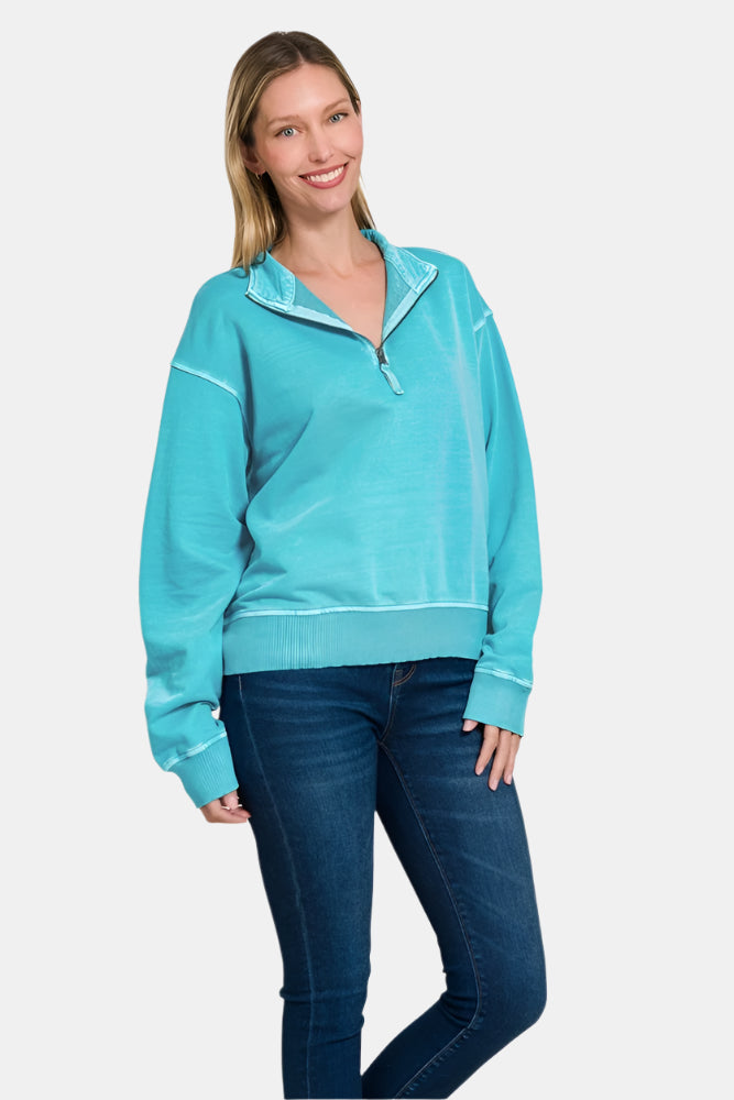 F/Terry Pigment Dye & Enzyme Washed Half Zip Top / ICE BLUE