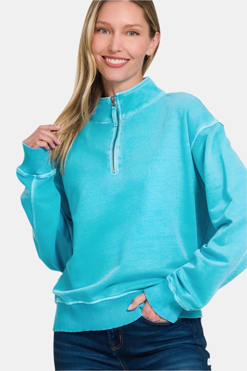 F/Terry Pigment Dye & Enzyme Washed Half Zip Top / ICE BLUE