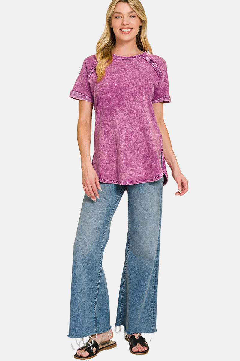 French Terry Washed Curved Hem Top / DEEP SKY