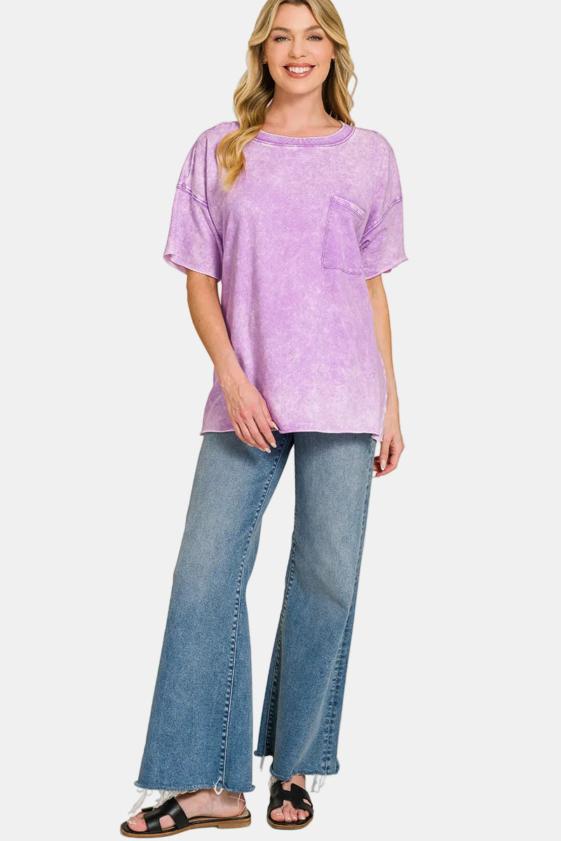 French Terry Washed Drop Shoulder Raw Edge Top / LT OLIVE