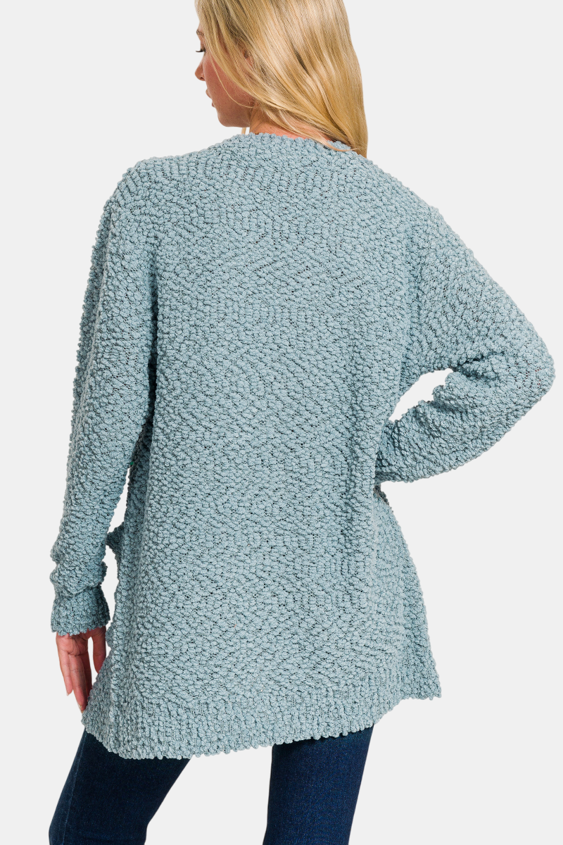 Long Sleeve Popcorn Sweater Cardigan with Pockets / BROWN