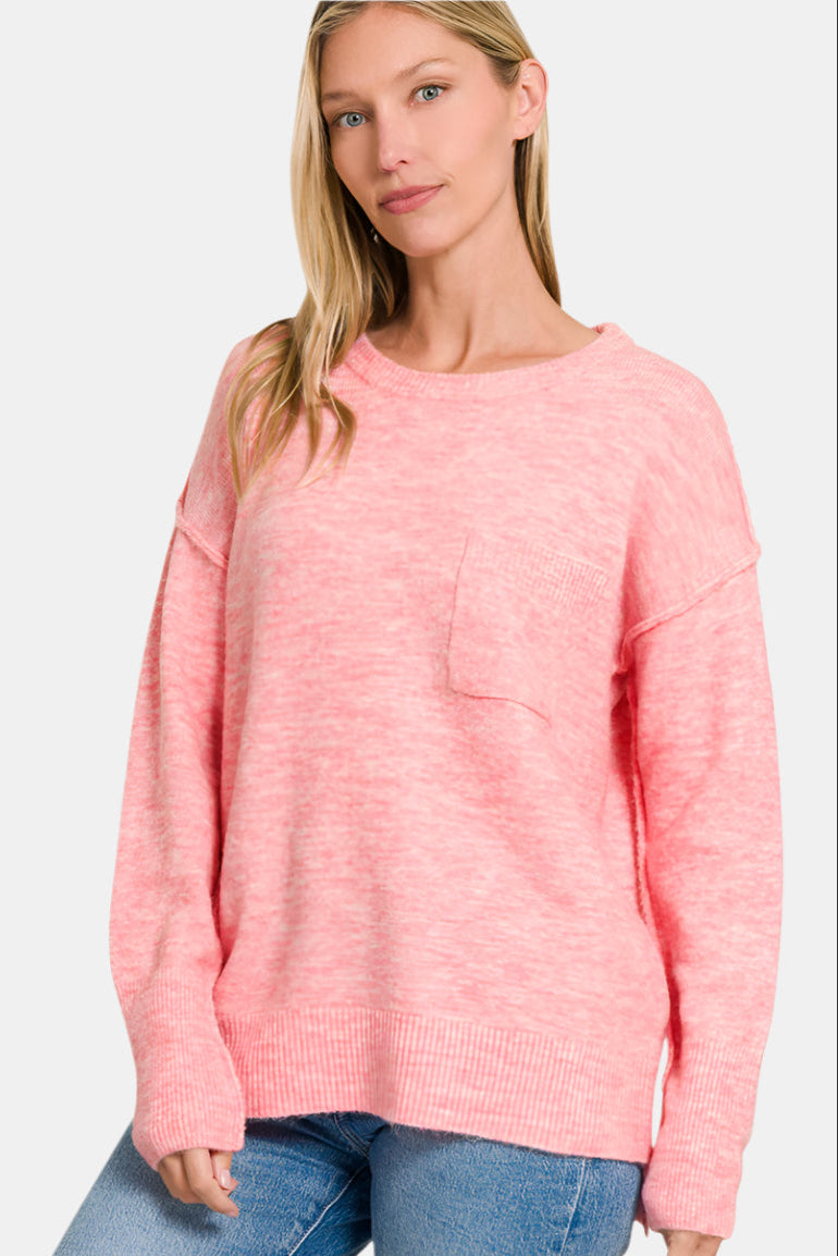 Melange Hi-Low Hem Round Neck Sweater / H DK PINK