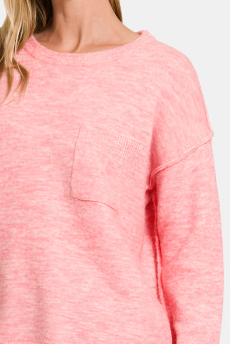 Melange Hi-Low Hem Round Neck Sweater / H DK PINK