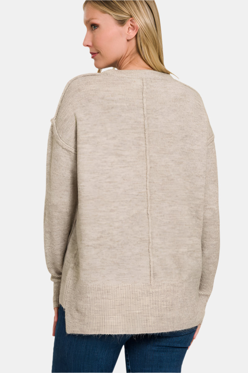 Melange Hi-Low Hem Round Neck Sweater / H DK PINK