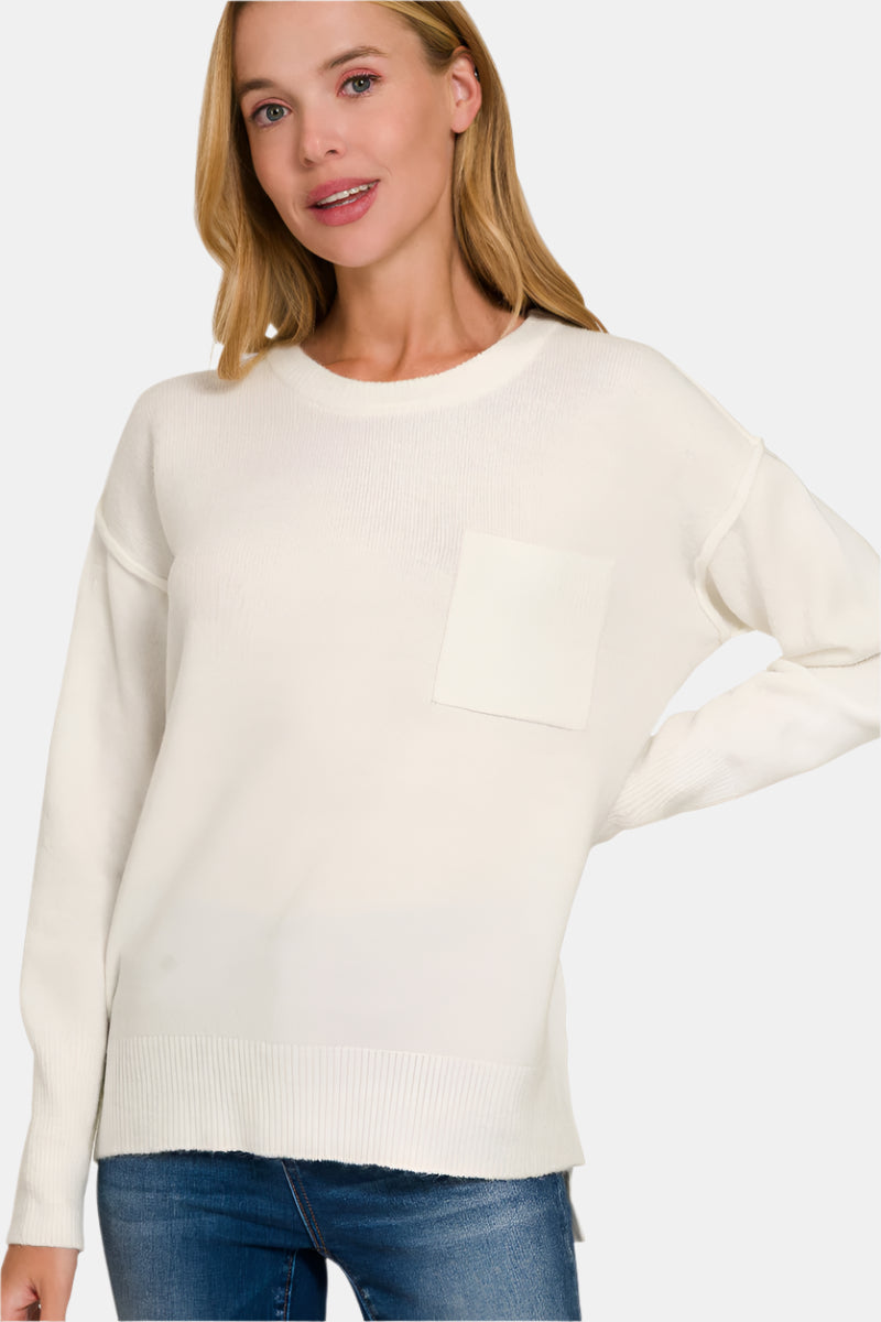 Melange Hi-low Hem Round Neck Sweater / IVORY