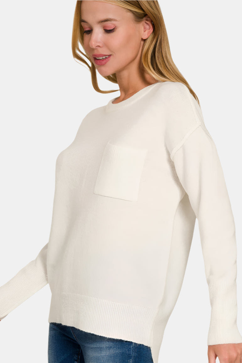 Melange Hi-low Hem Round Neck Sweater / IVORY