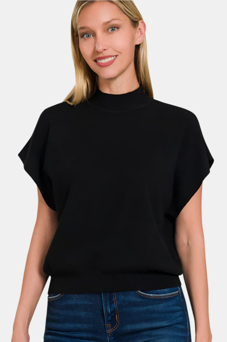 Mock Neck Short Dolman Sleeve Sweater / BLACK