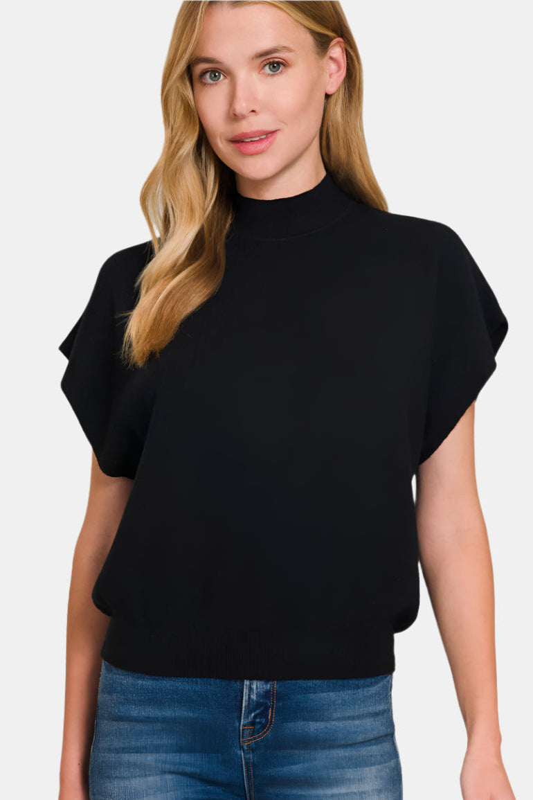 Mock Neck Short Dolman Sleeve Sweater / BLACK