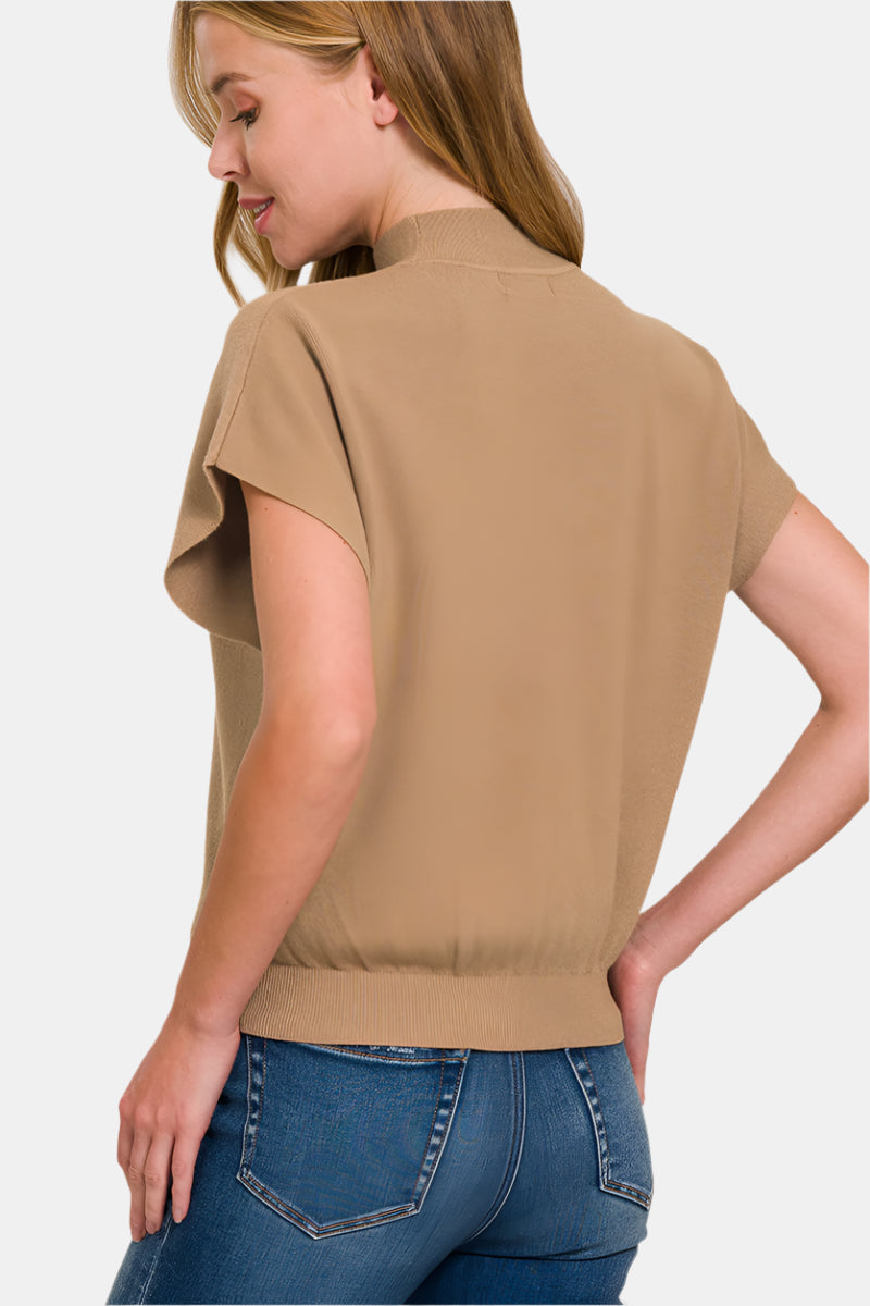 Mock Neck Short Dolman Sleeve Sweater / BLACK
