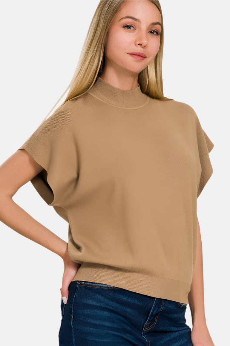 Mock Neck Short Dolman Sleeve Sweater / BLACK