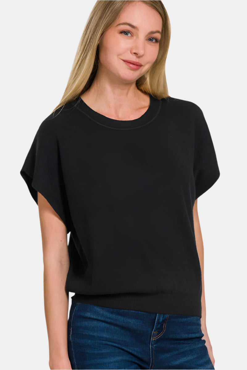 Round Neck Short Dolman Sleeve Sweater / BLACK
