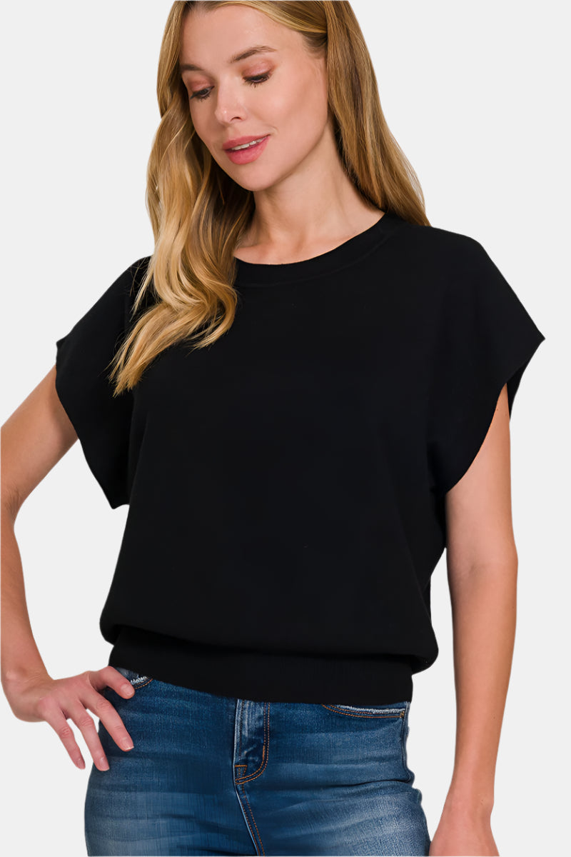 Round Neck Short Dolman Sleeve Sweater / BLACK