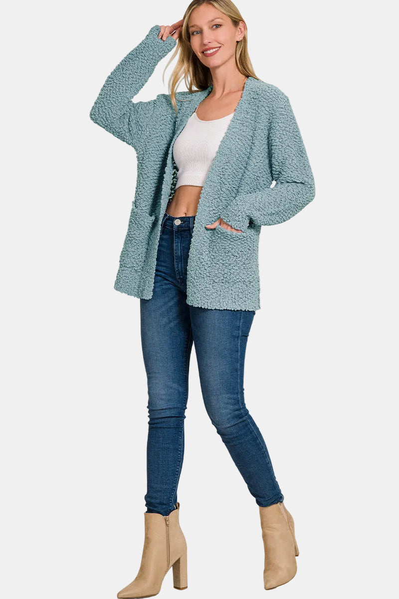 Long Sleeve Popcorn Sweater Cardigan with Pockets / DK GREEN