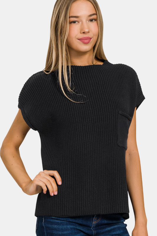 Mock Neck Short Sleeve Sweater / BLACK