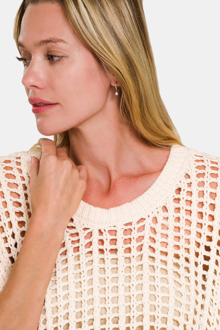 Fish Net Short Sleeve Crochet Sweater / K GREEN