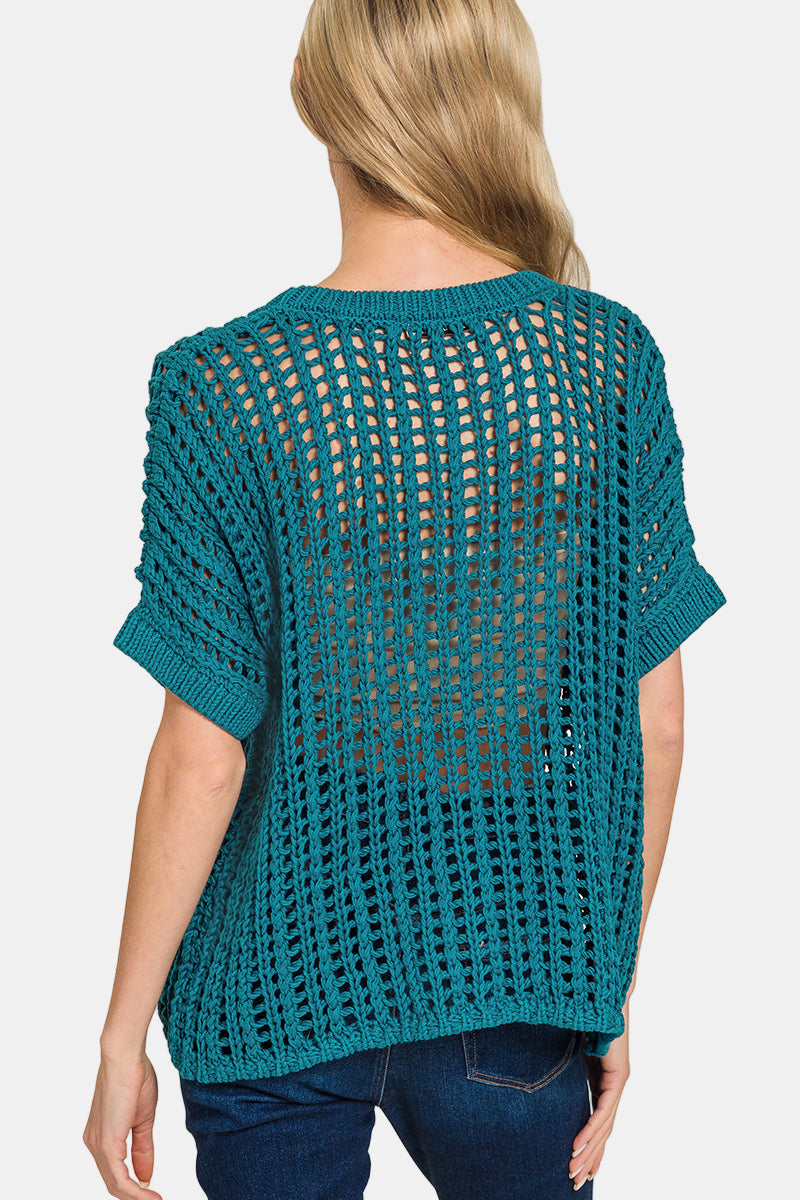 Fish Net Short Sleeve Crochet Sweater / K GREEN