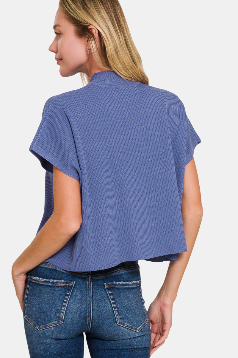 Viscose Mock Neck Short Sleeve Boxy Sweater / BLACK