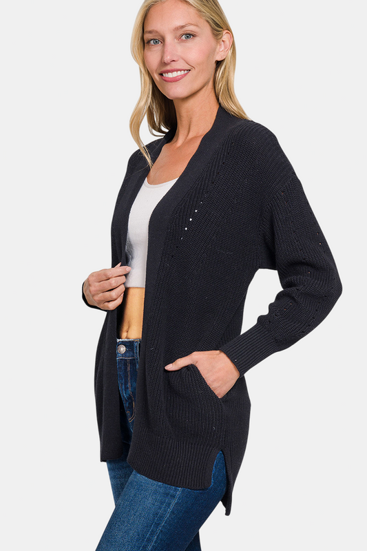 Eyelet Open Cardigan Sweater / BLACK